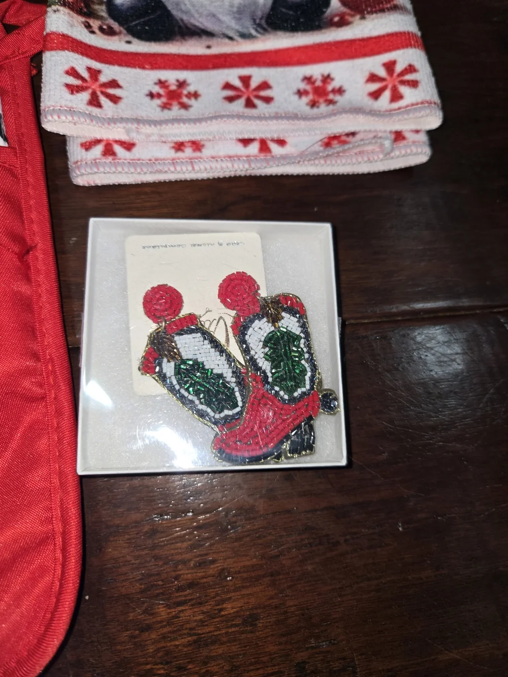 Holiday Red and White Kitchen Towel & Oven Mitt Set And Earrings
